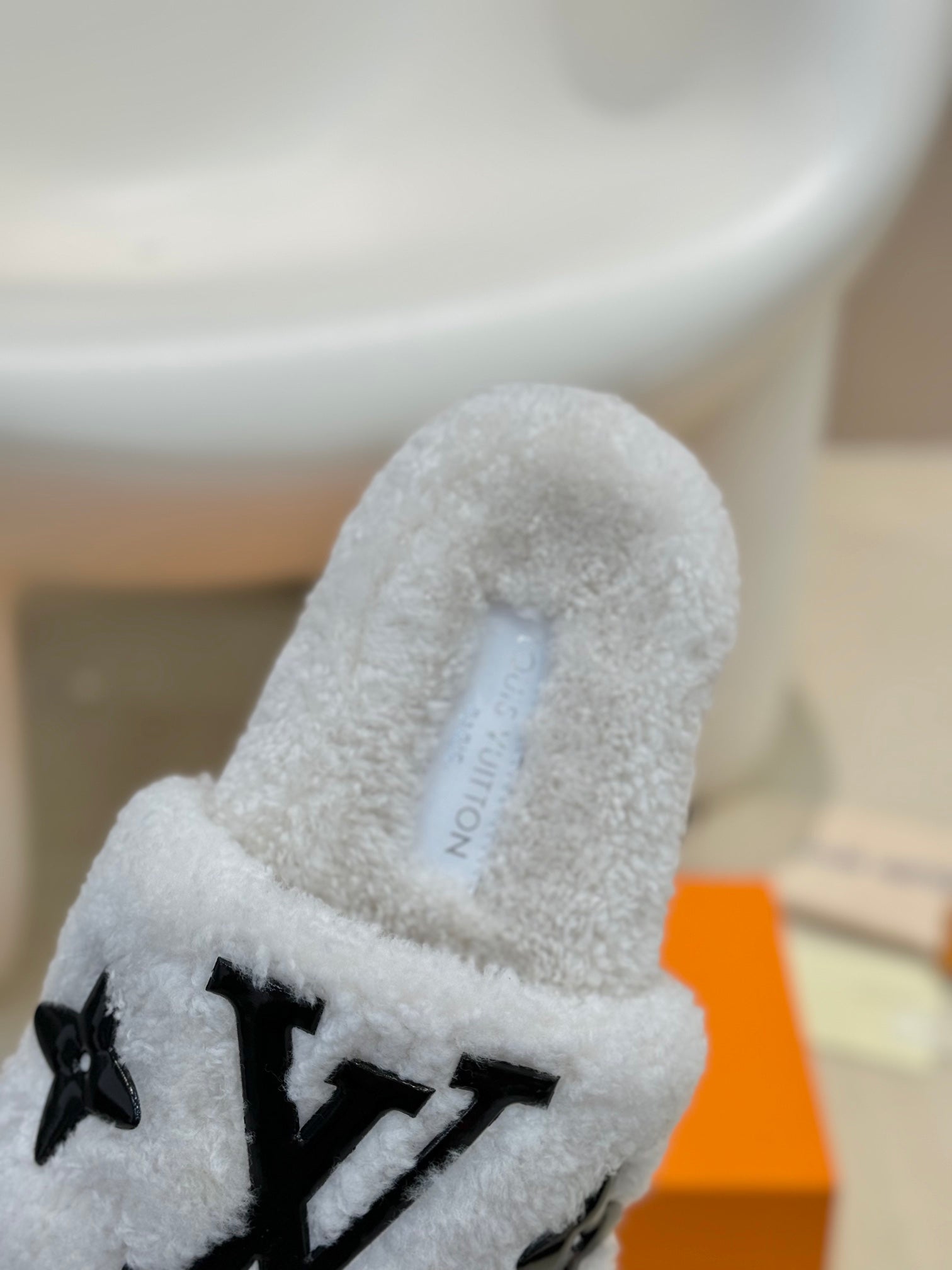 LV Fur Slippers White With Black Text Pure Wool