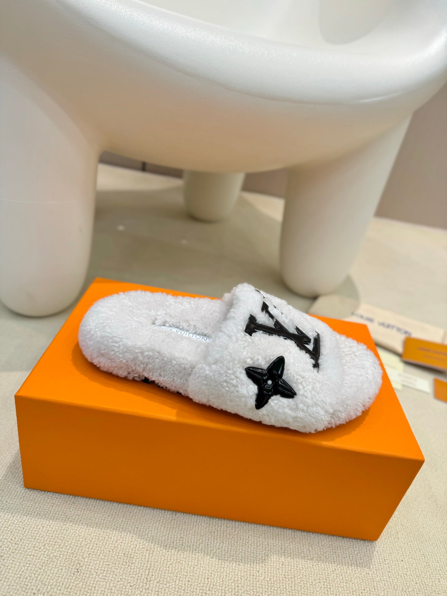 LV Fur Slippers White With Black Text Pure Wool