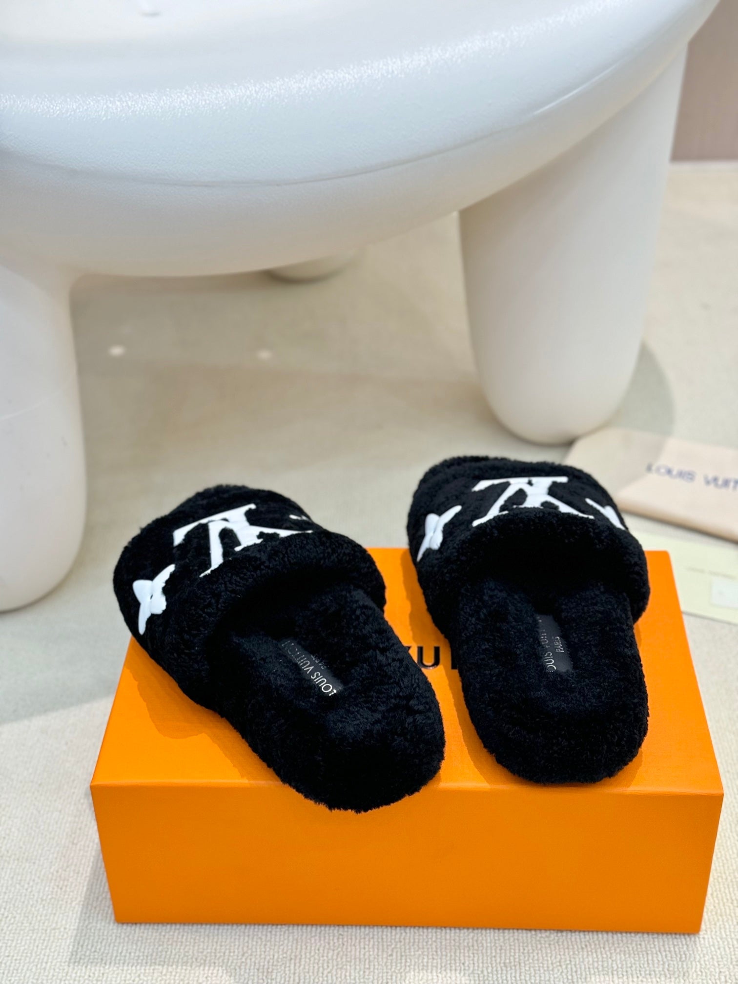LV Fur Slippers Black With White Text Pure Wool