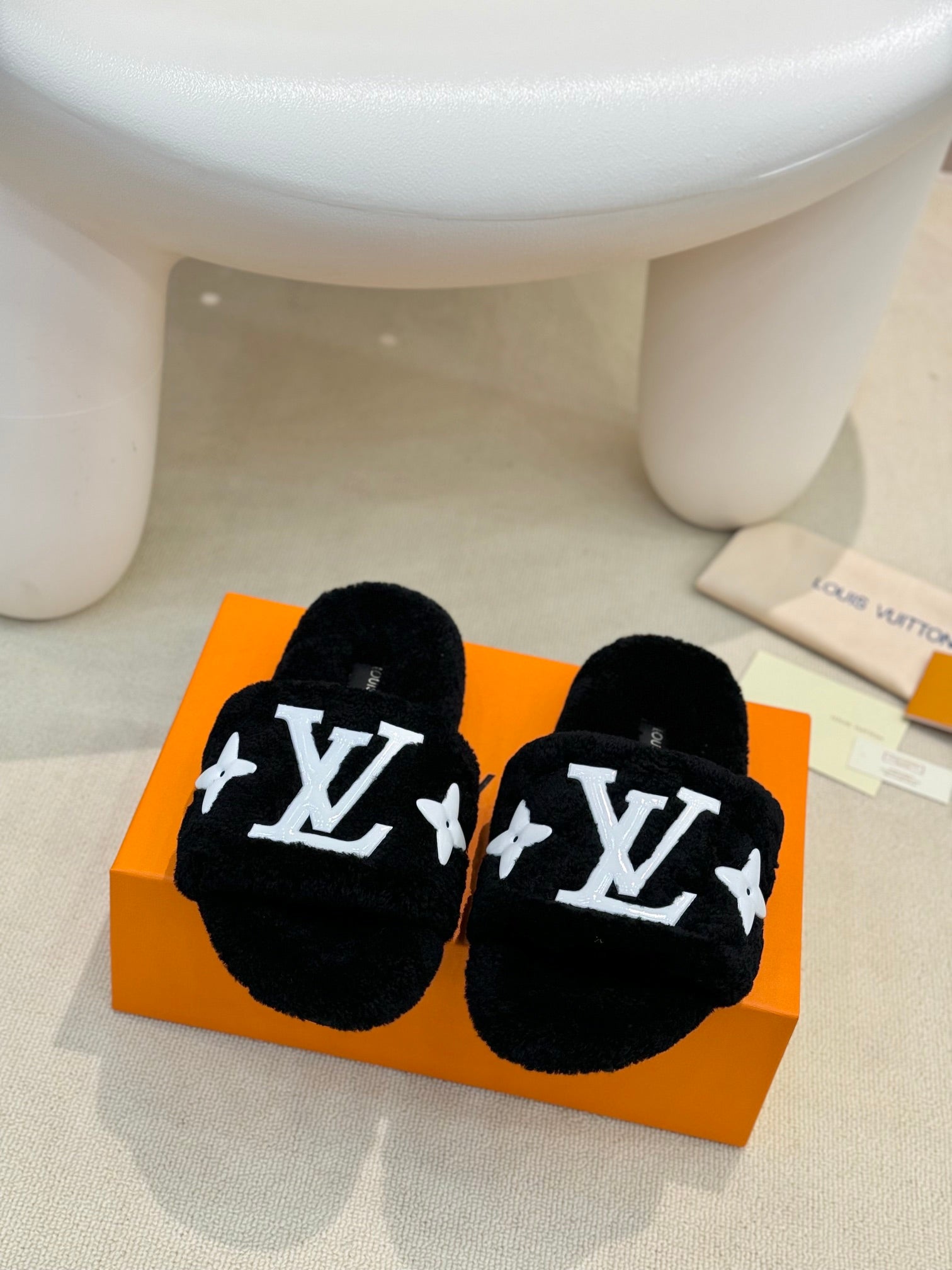 LV Fur Slippers Black With White Text Pure Wool