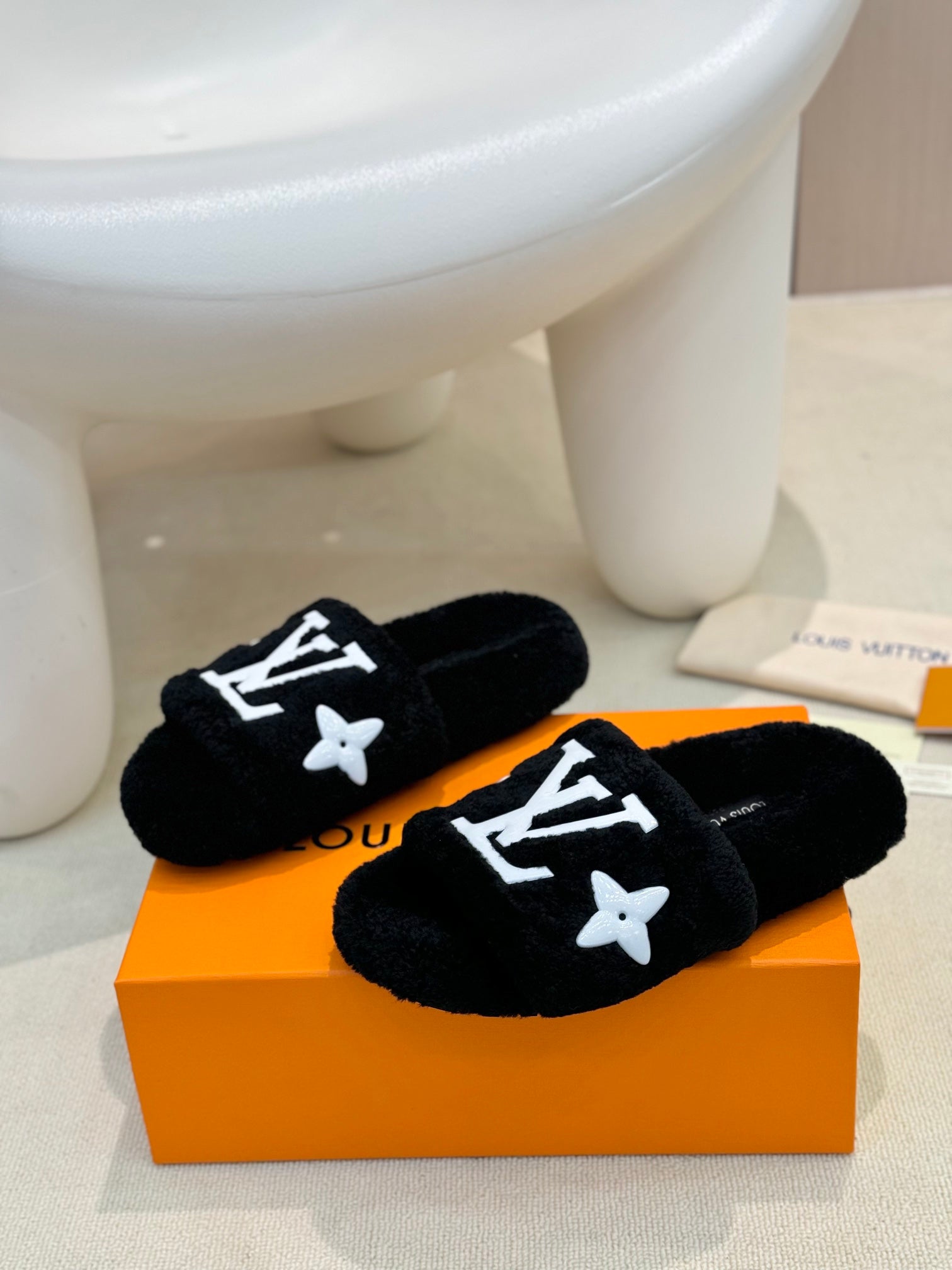 LV Fur Slippers Black With White Text Pure Wool