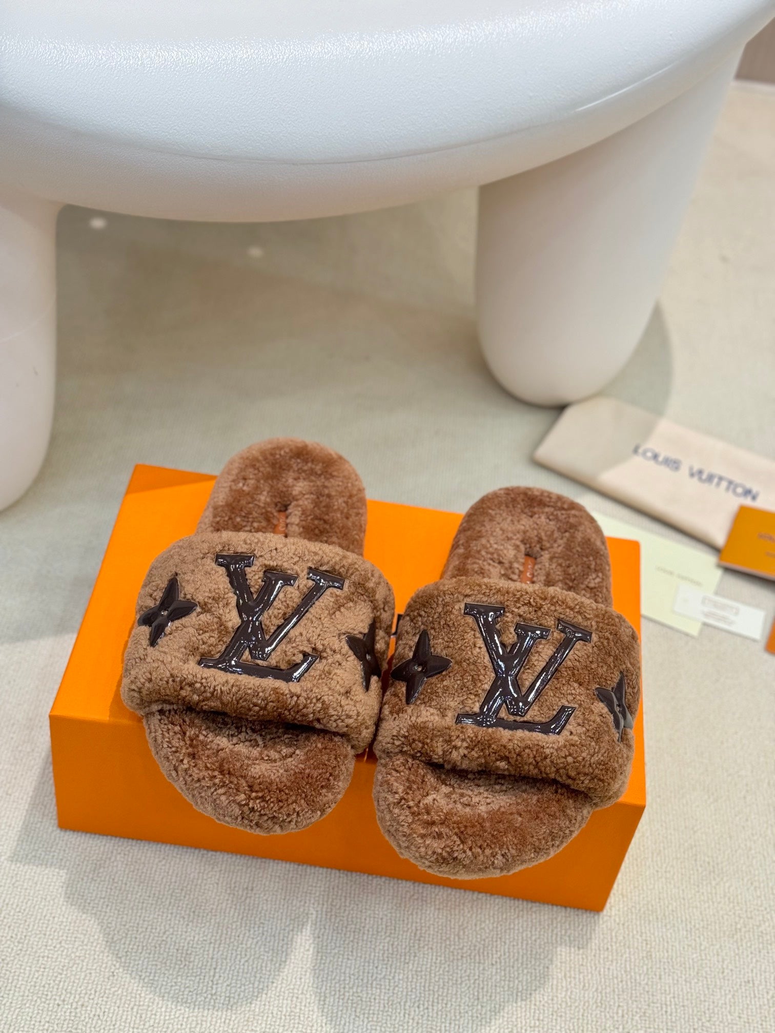 LV Fur Slippers Cocoa Brown With Black Text Pure Wool