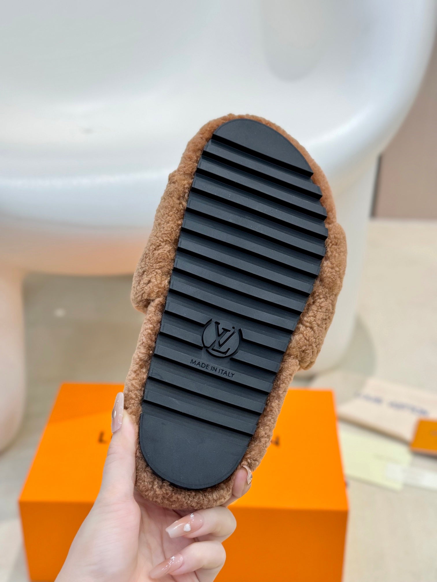 LV Fur Slippers Cocoa Brown With Black Text Pure Wool