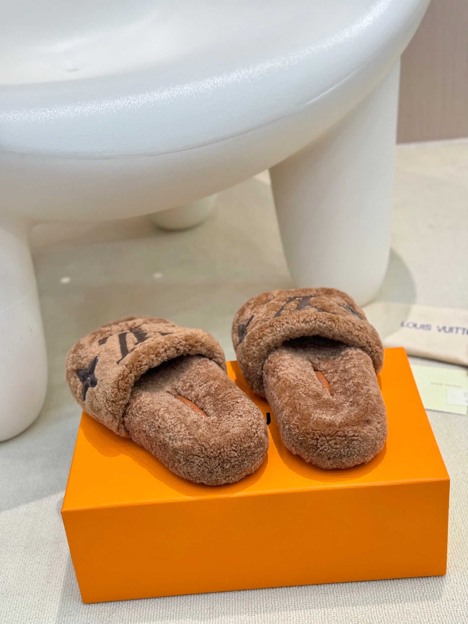 LV Fur Slippers Cocoa Brown With Black Text Pure Wool