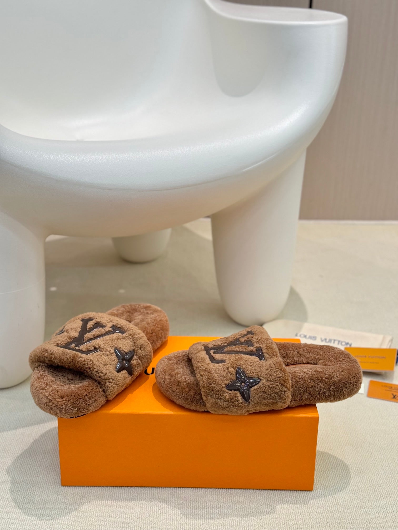 LV Fur Slippers Cocoa Brown With Black Text Pure Wool