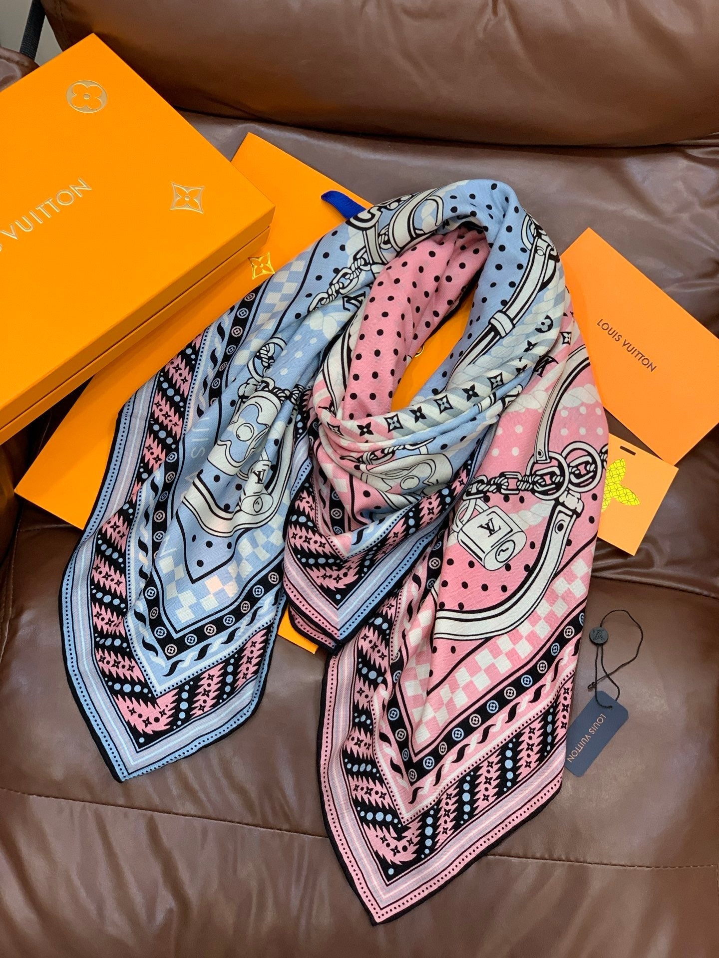 LV X TM Scarf 135CM Blue Pink Cashmere 293197