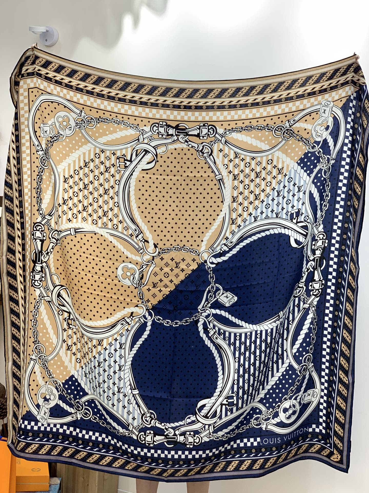 LV X TM Scarf 135CM Blue Beige Cashmere 293198