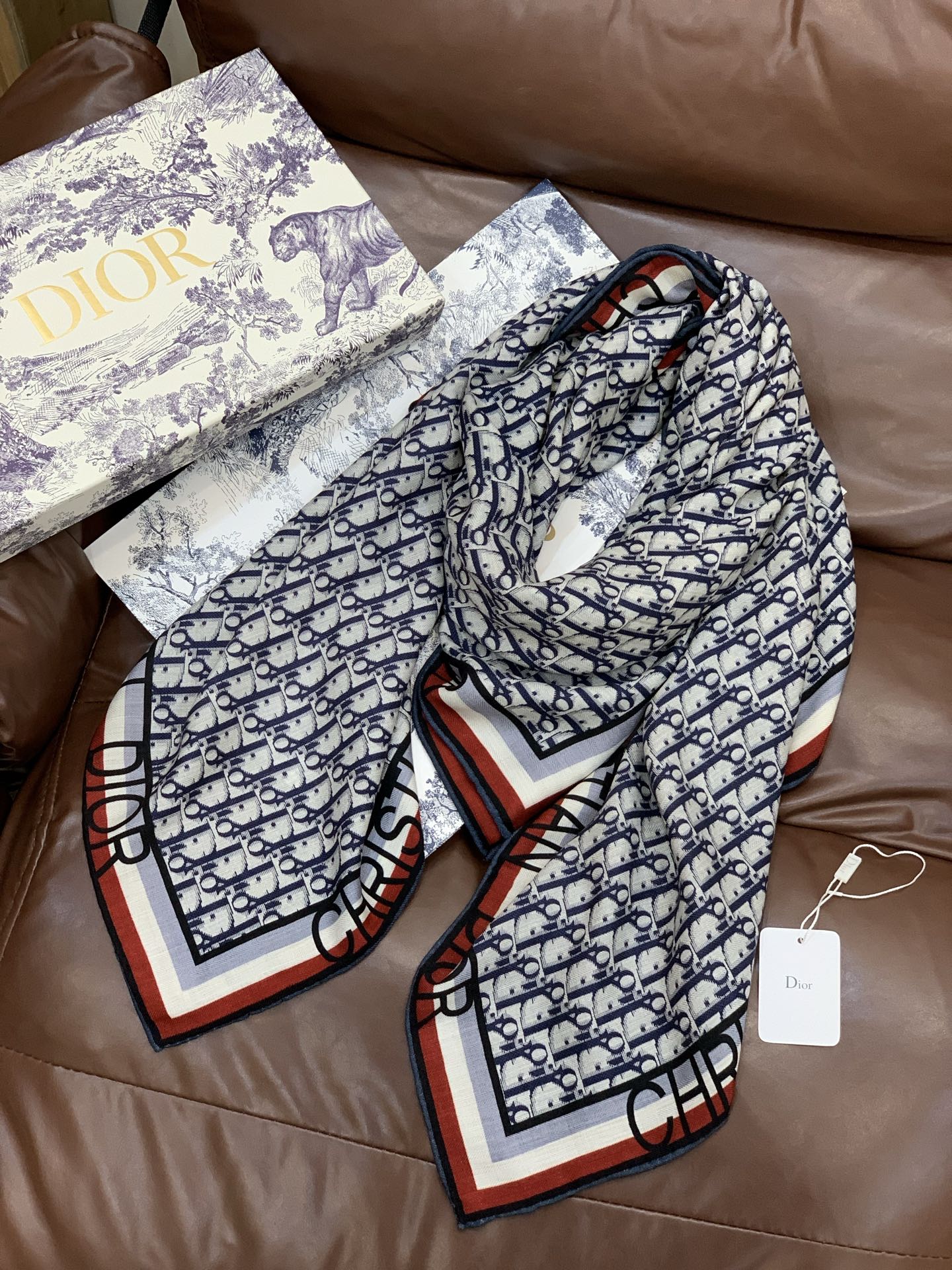 CD Monogram Scarf 140CM Dark Blue White Cashmere 293187