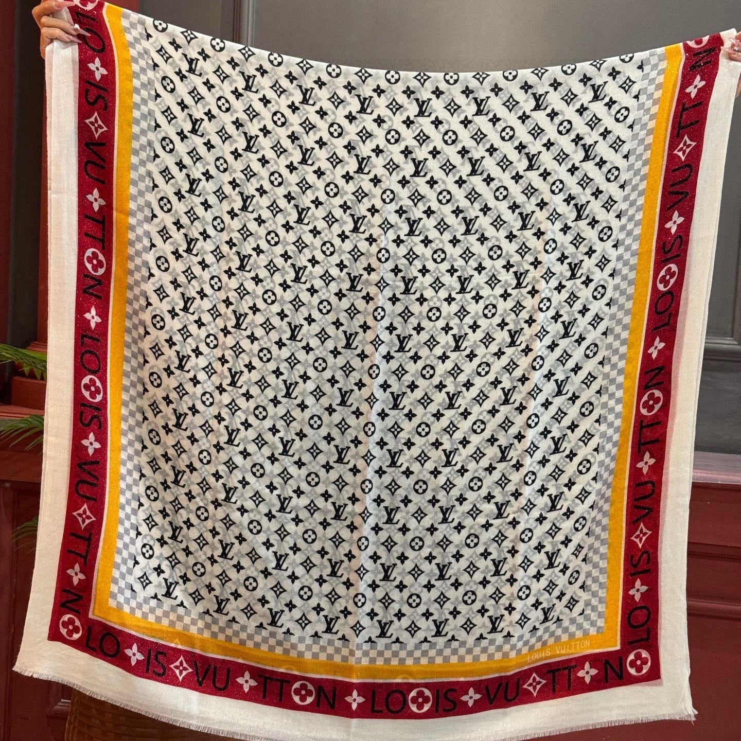 LV 25ss Scarf 200CM White Red Cashmere 293153