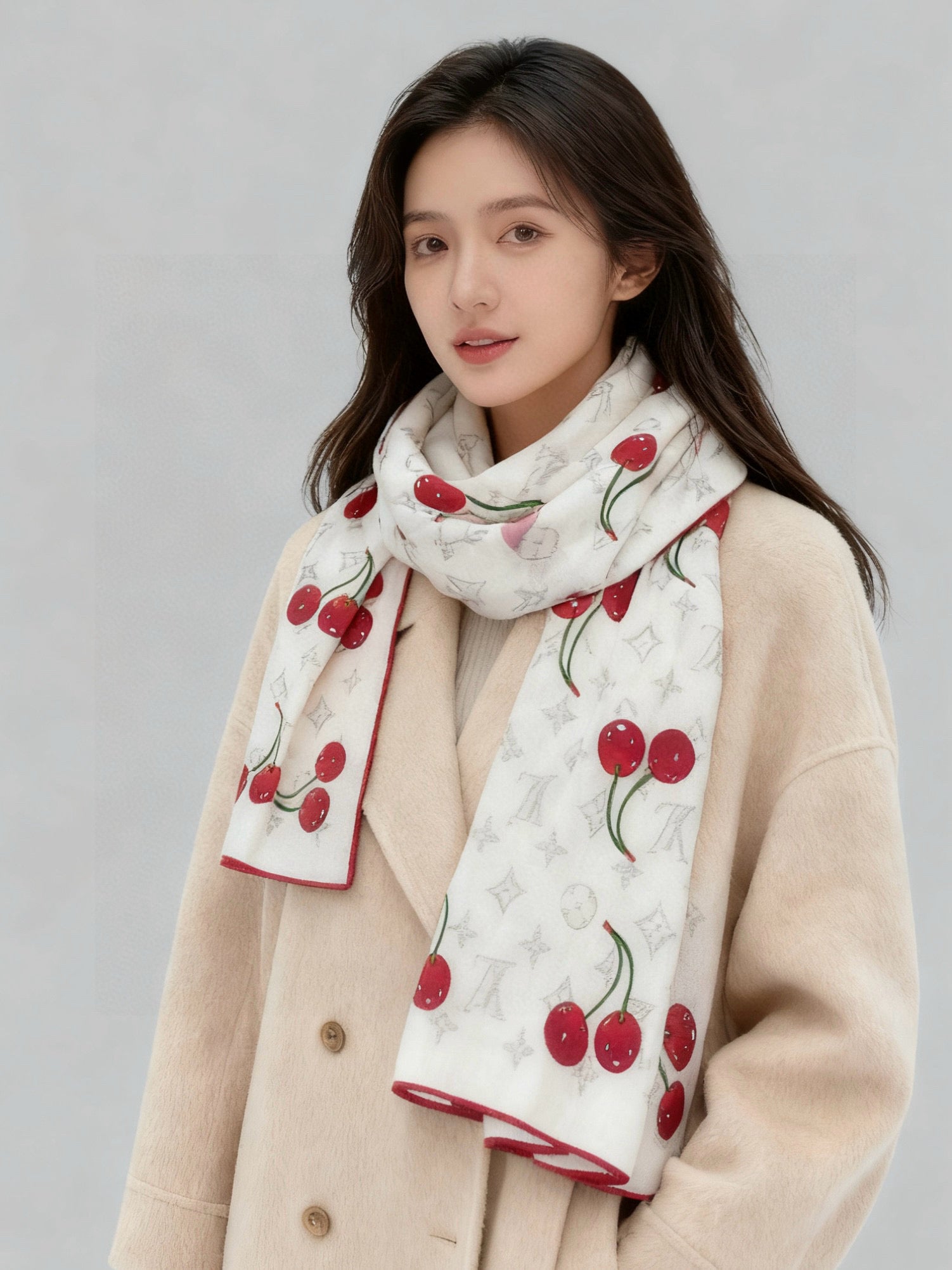 LV X TM Monogram Scarf 180CM White Red Cashmere 293168