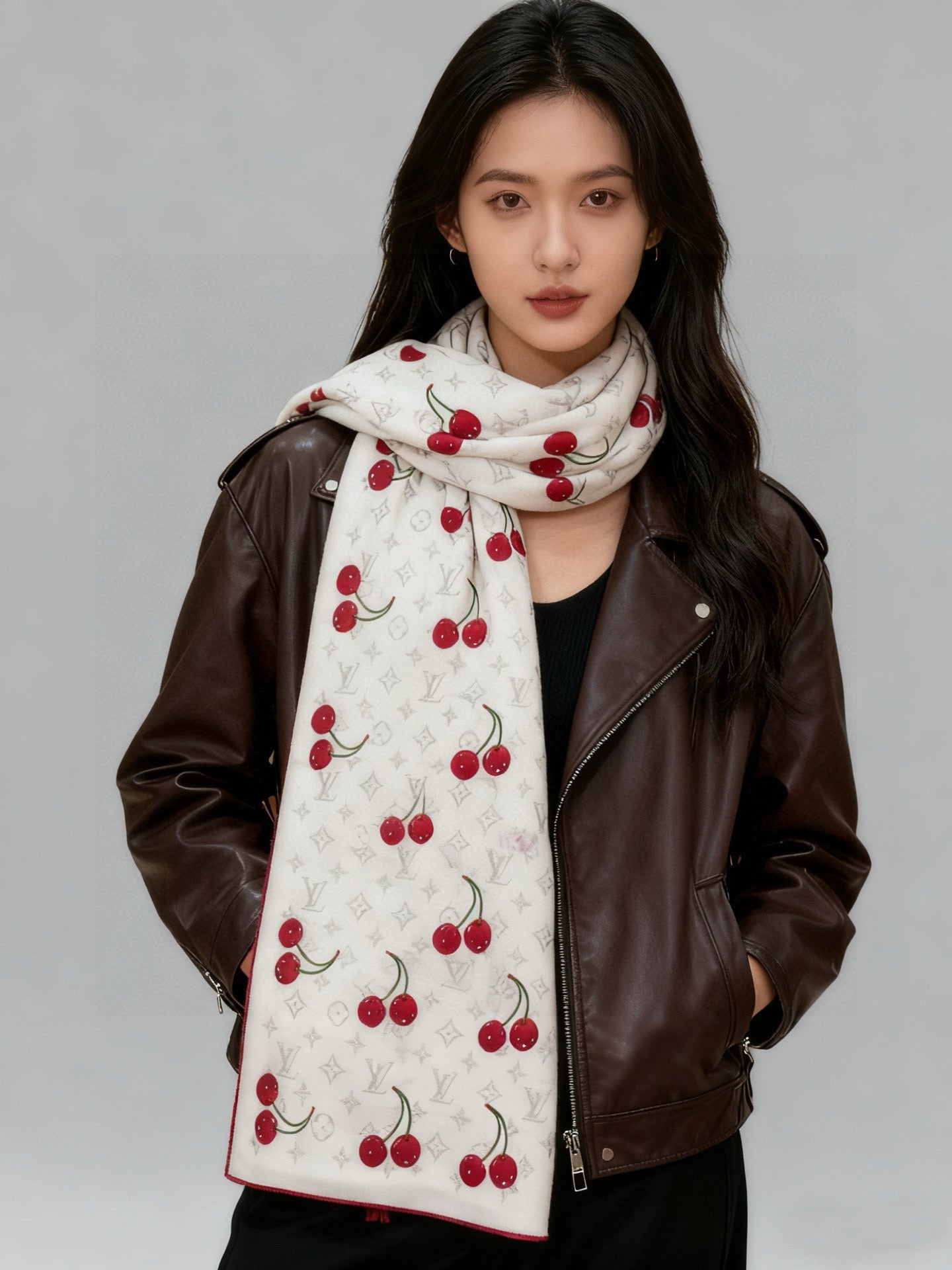 LV X TM Monogram Scarf 180CM White Red Cashmere 293168