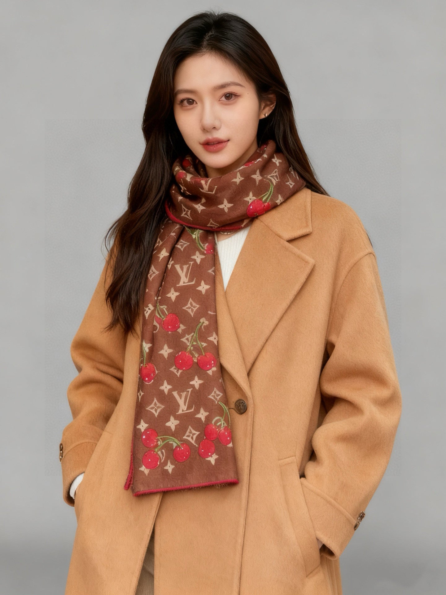 LV X TM Monogram Scarf 180CM Brown Red Cashmere 293169