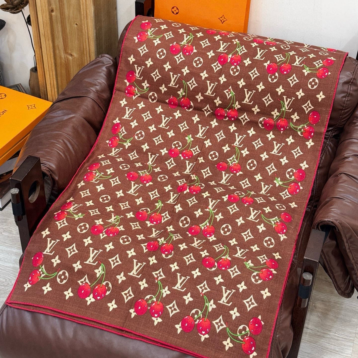 LV X TM Monogram Scarf 180CM Brown Red Cashmere 293169