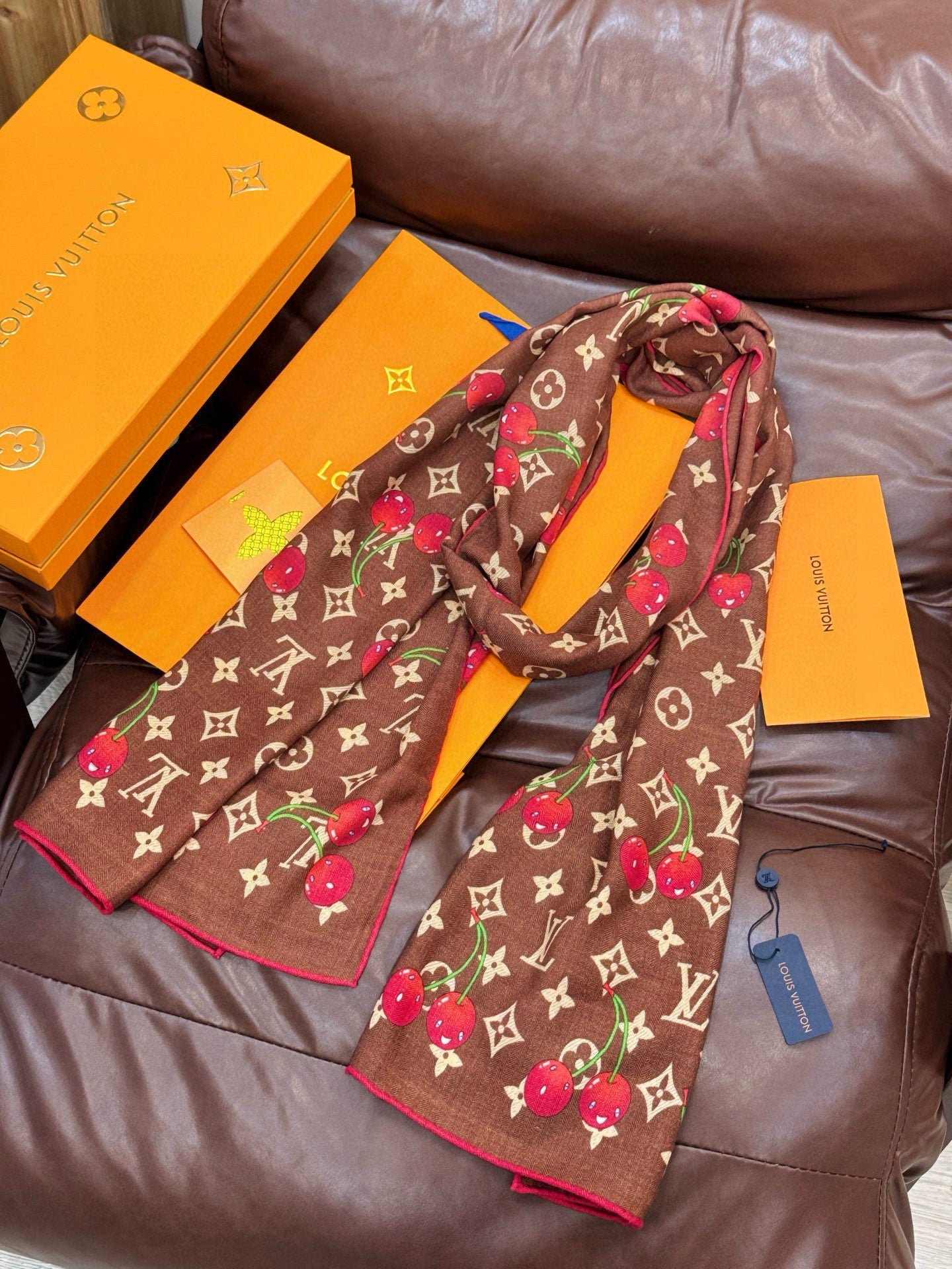 LV X TM Monogram Scarf 180CM Brown Red Cashmere 293169