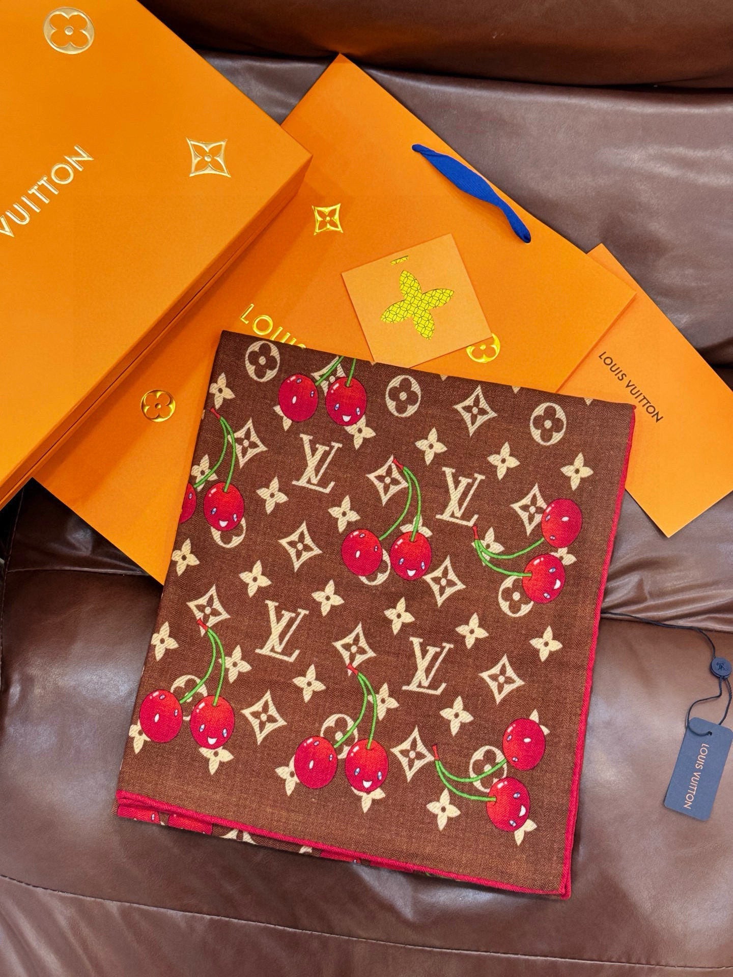 LV X TM Monogram Scarf 180CM Brown Red Cashmere 293169