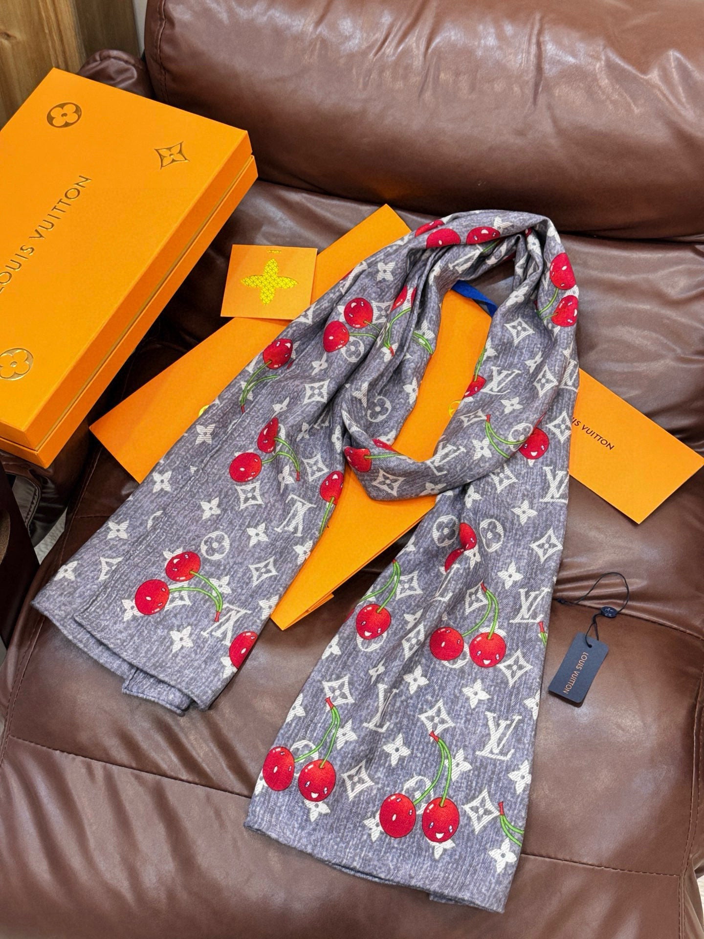 LV X TM Monogram Scarf 180CM Gray Red Cashmere 293171