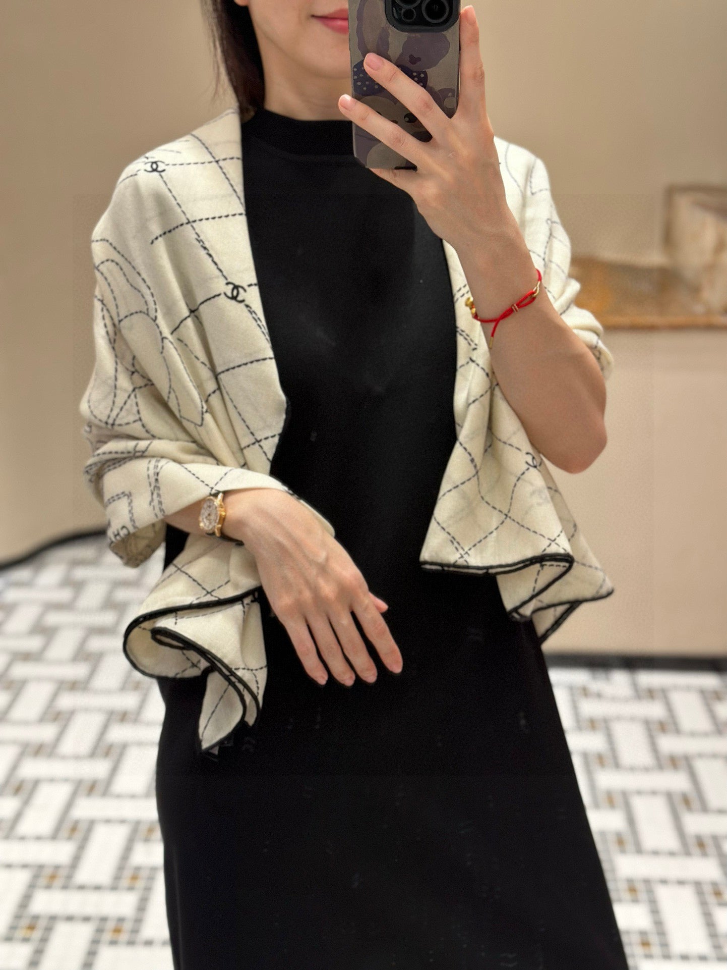 CC 25 Scarf 140cm White Black Cashmere 293212