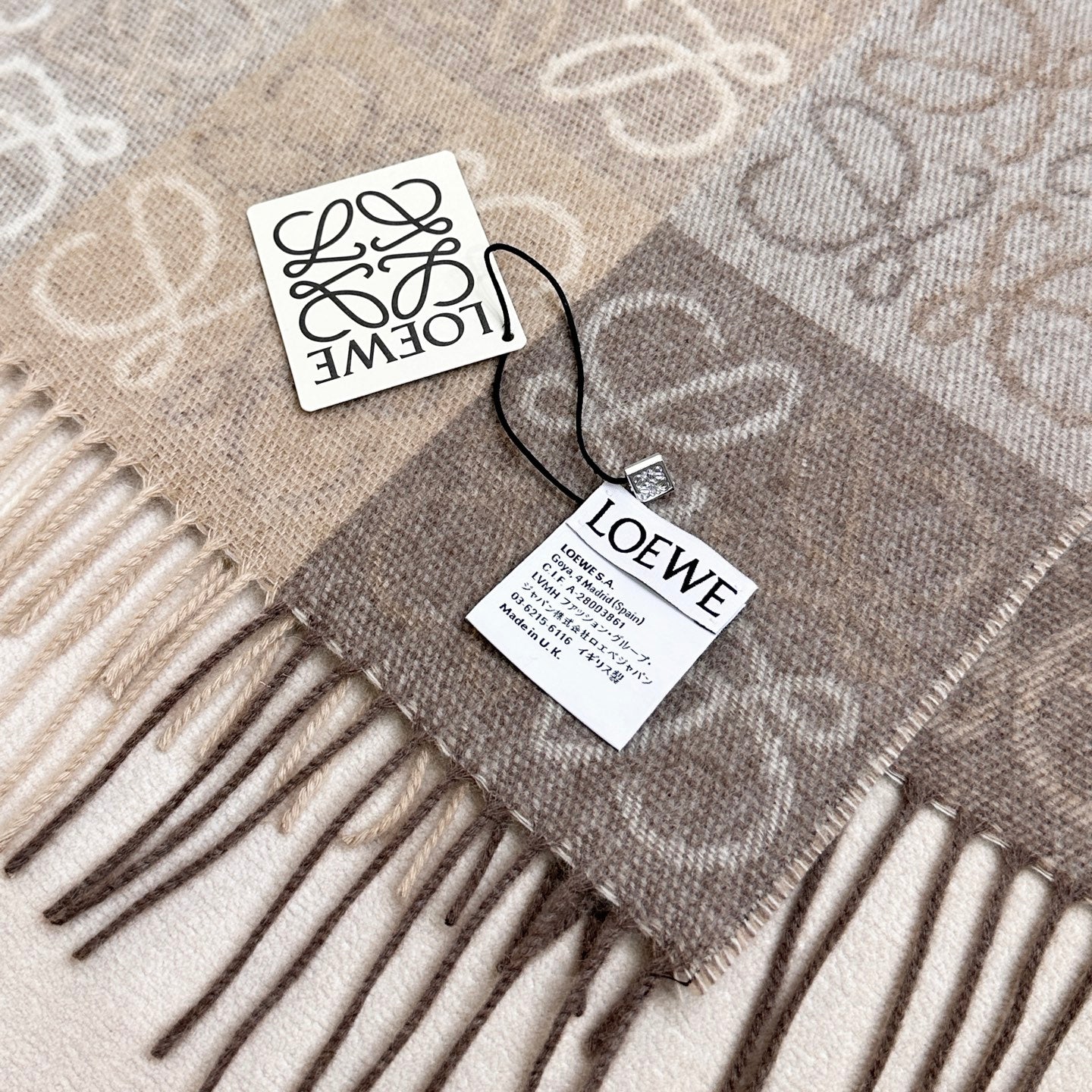 Loewe Scarf 180CM  Light Brown Gray Wool Cashmere 968611