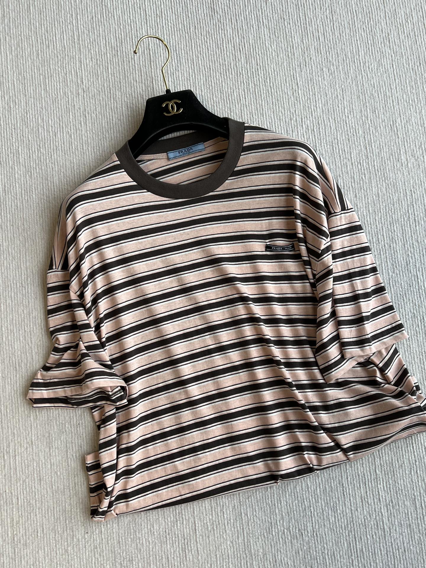 Prada 25 Striped Round Neck T-shirt Beige Brown Cotton