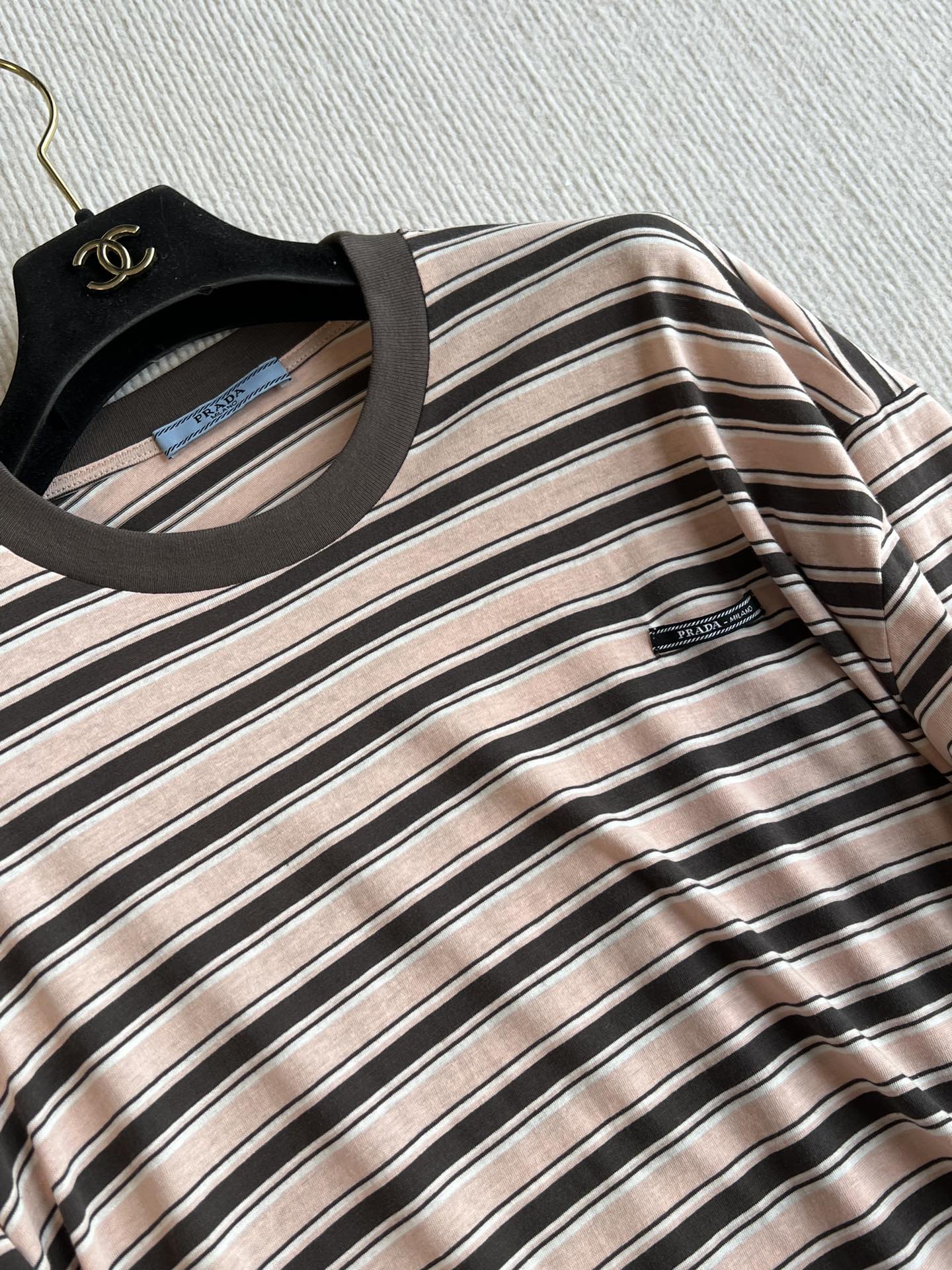 Prada 25 Striped Round Neck T-shirt Beige Brown Cotton