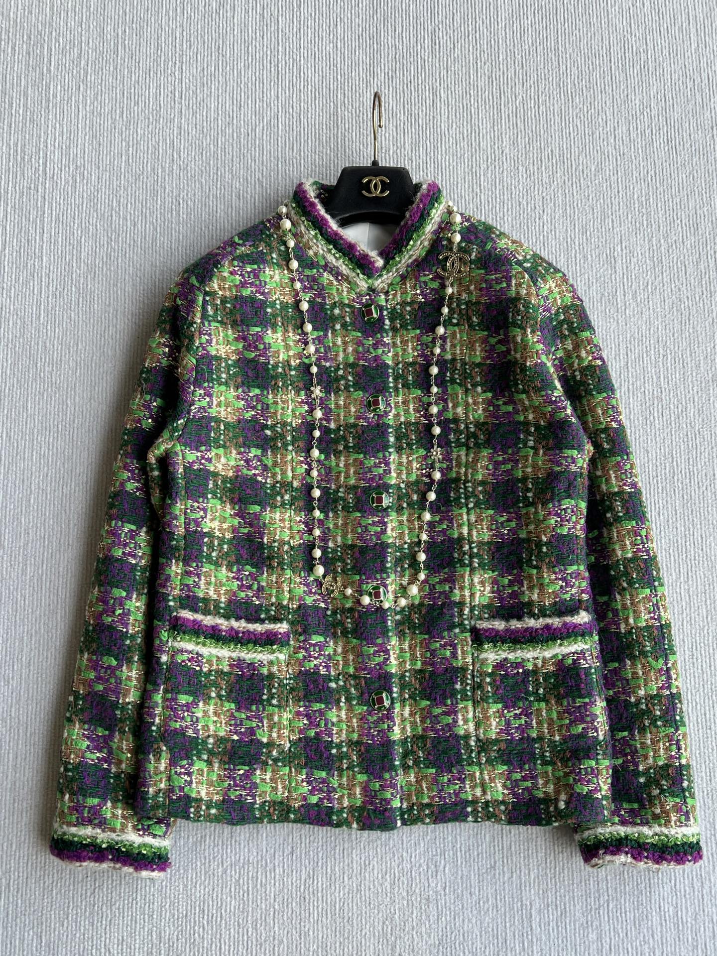 Chanel 2025 Plaid Tweed Jacket Green Wool Polyester 325361