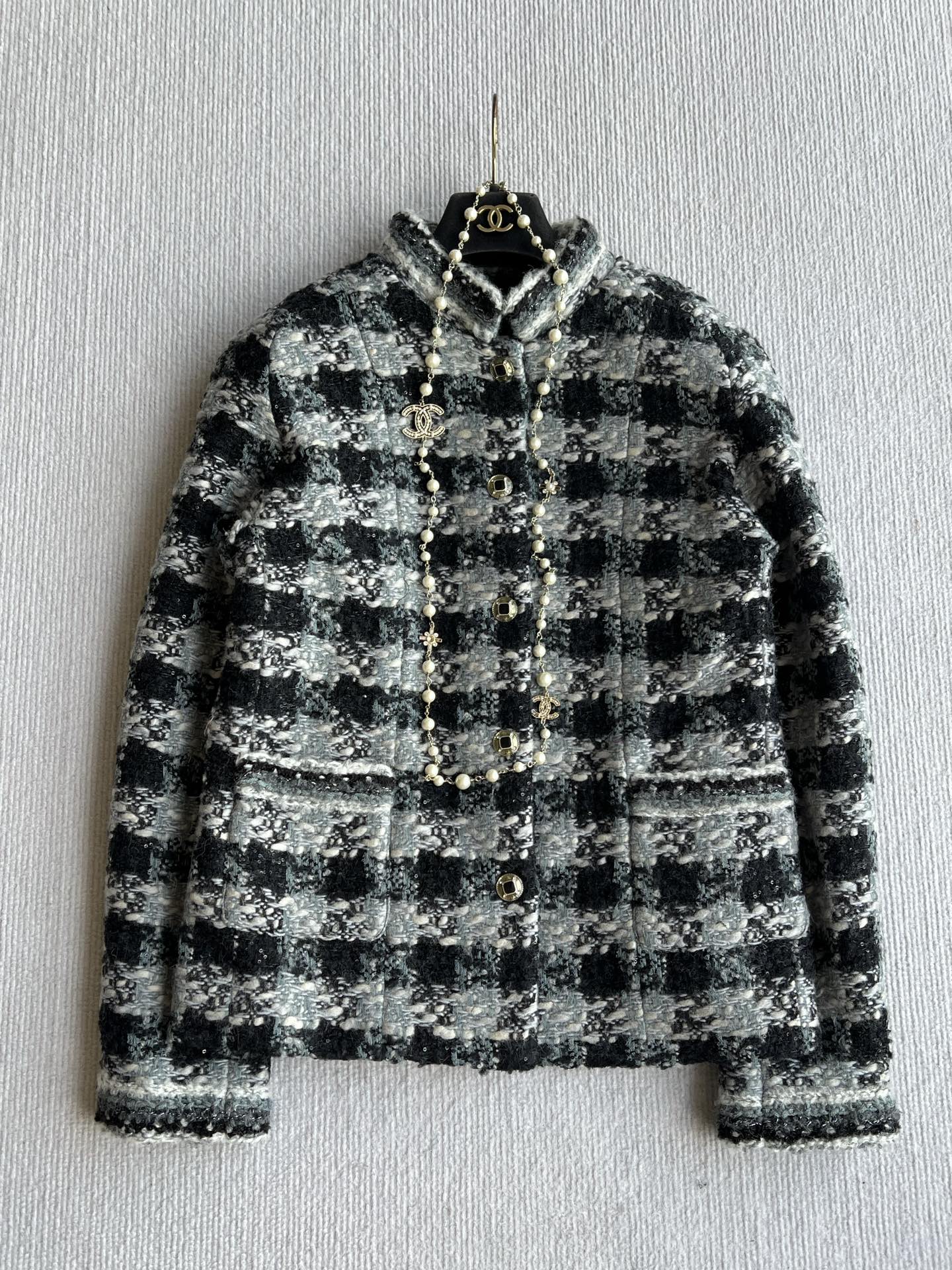Chanel 2025 Plaid Tweed Jacket Black Wool Polyester 325363