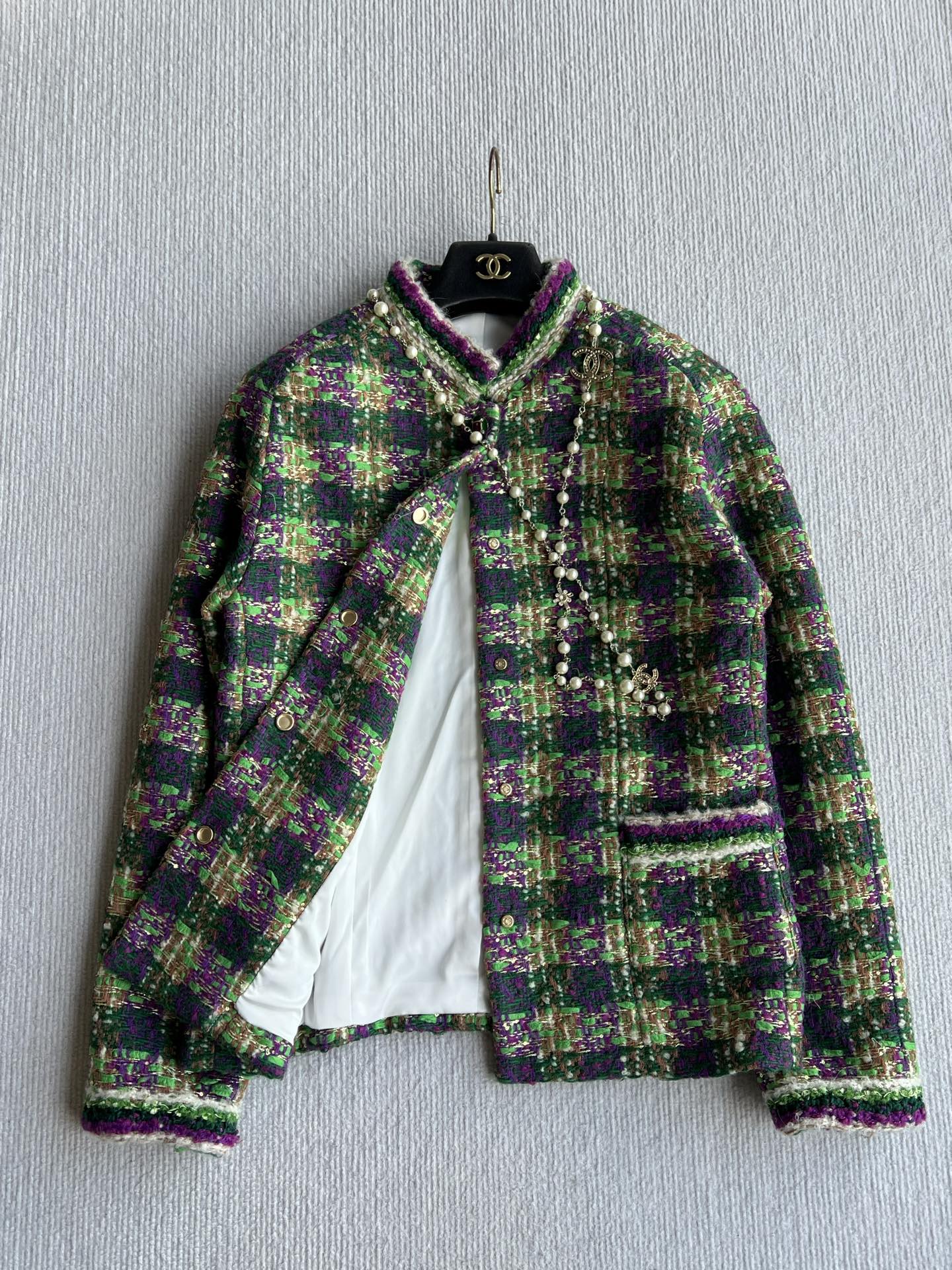 Chanel 2025 Plaid Tweed Jacket Green Wool Polyester 325361