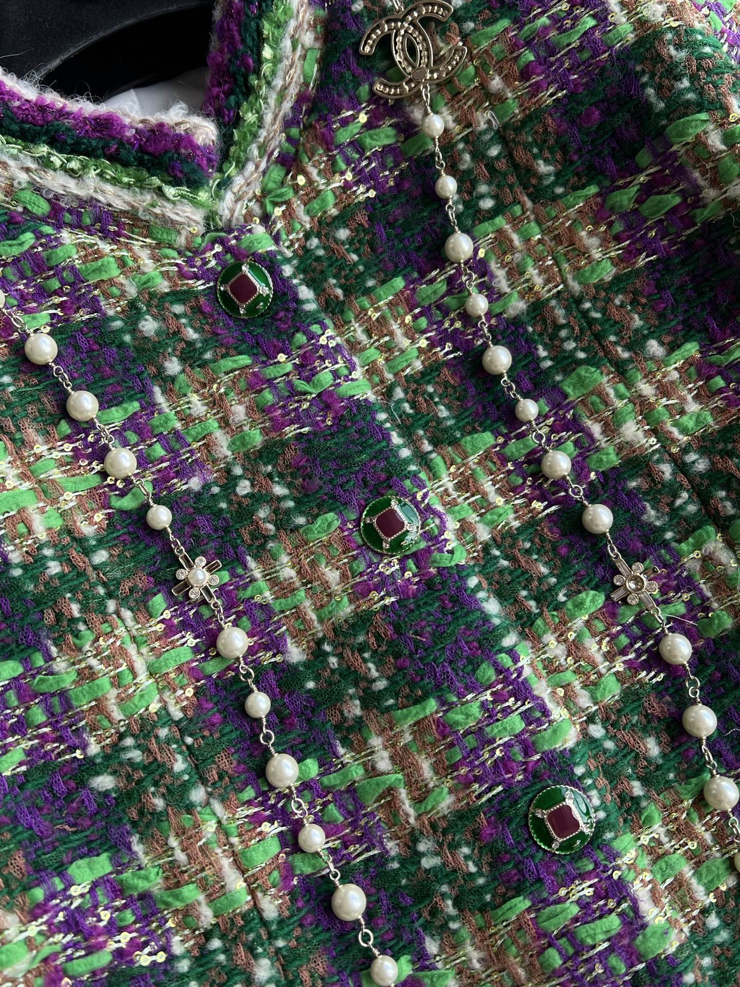 Chanel 2025 Plaid Tweed Jacket Green Wool Polyester 325361