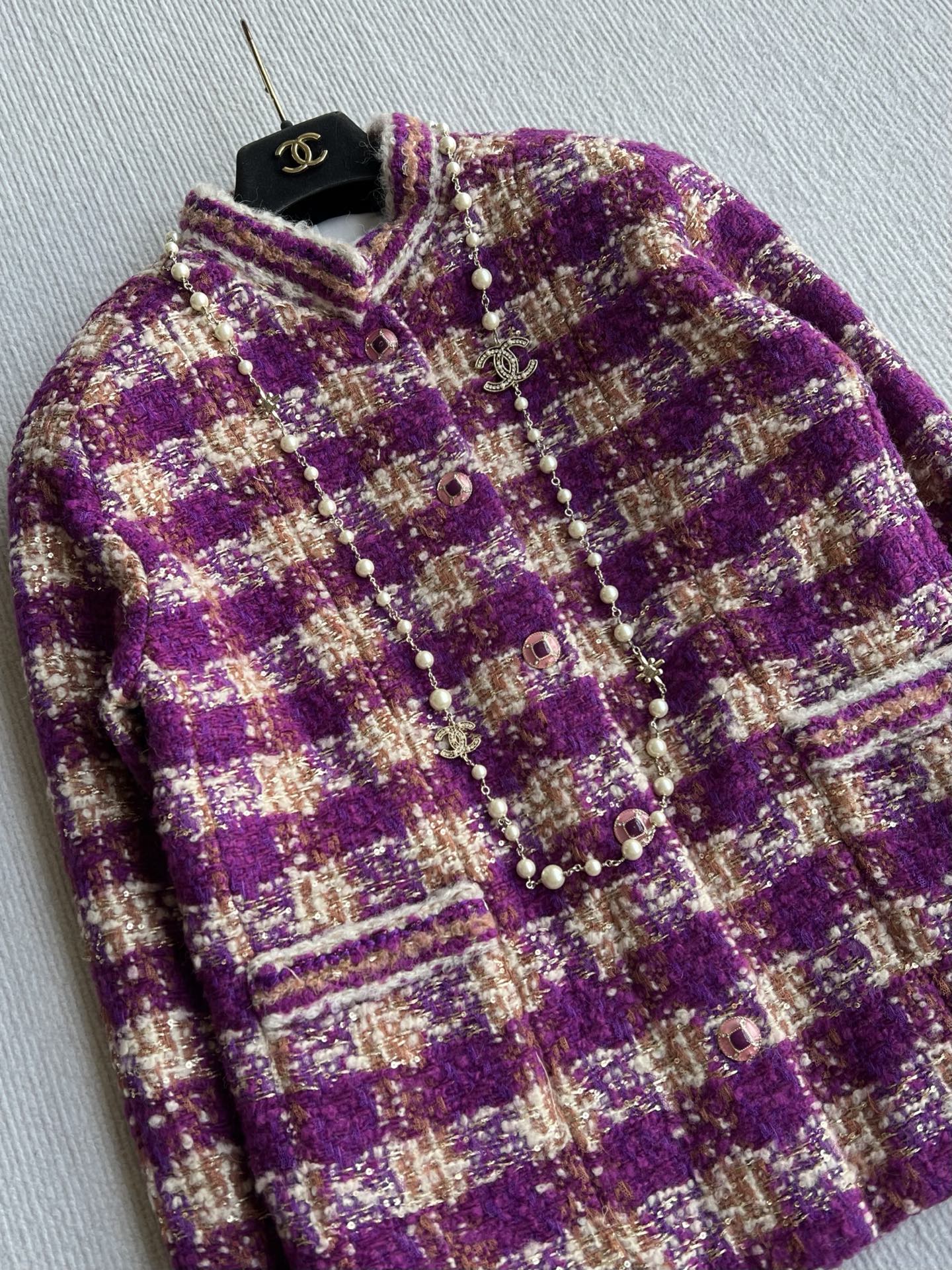 Chanel 2025 Plaid Tweed Jacket Purple Wool Polyester 325362