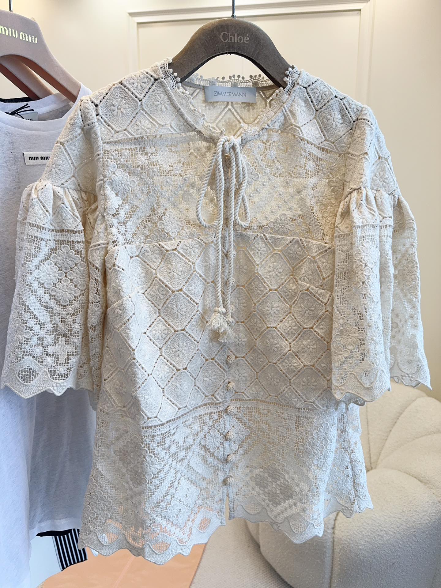 Zimmermann 25 WYLIE CROCHET BLOUSE tea white lace cotton
