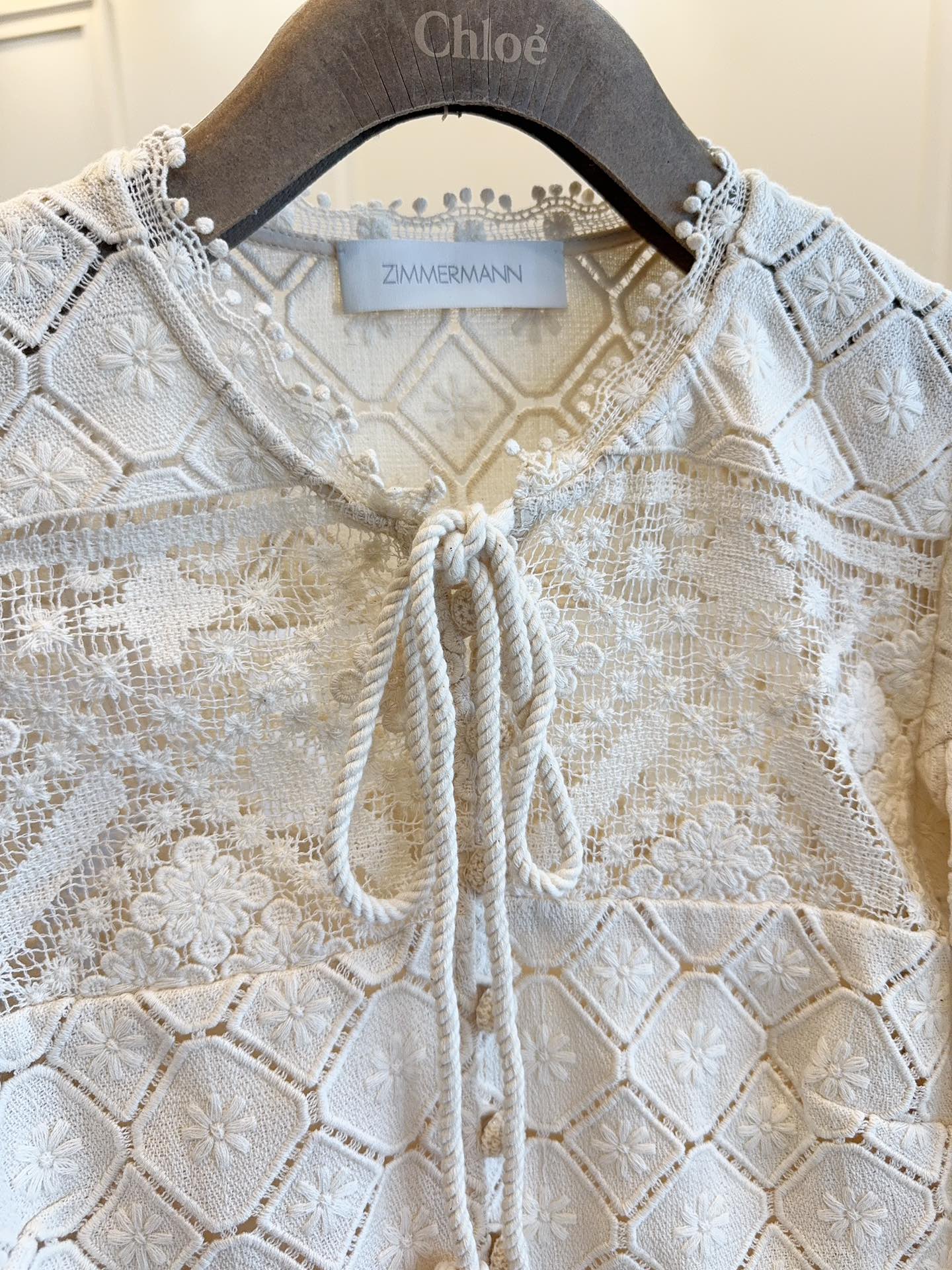 Zimmermann 25 WYLIE CROCHET BLOUSE tea white lace cotton