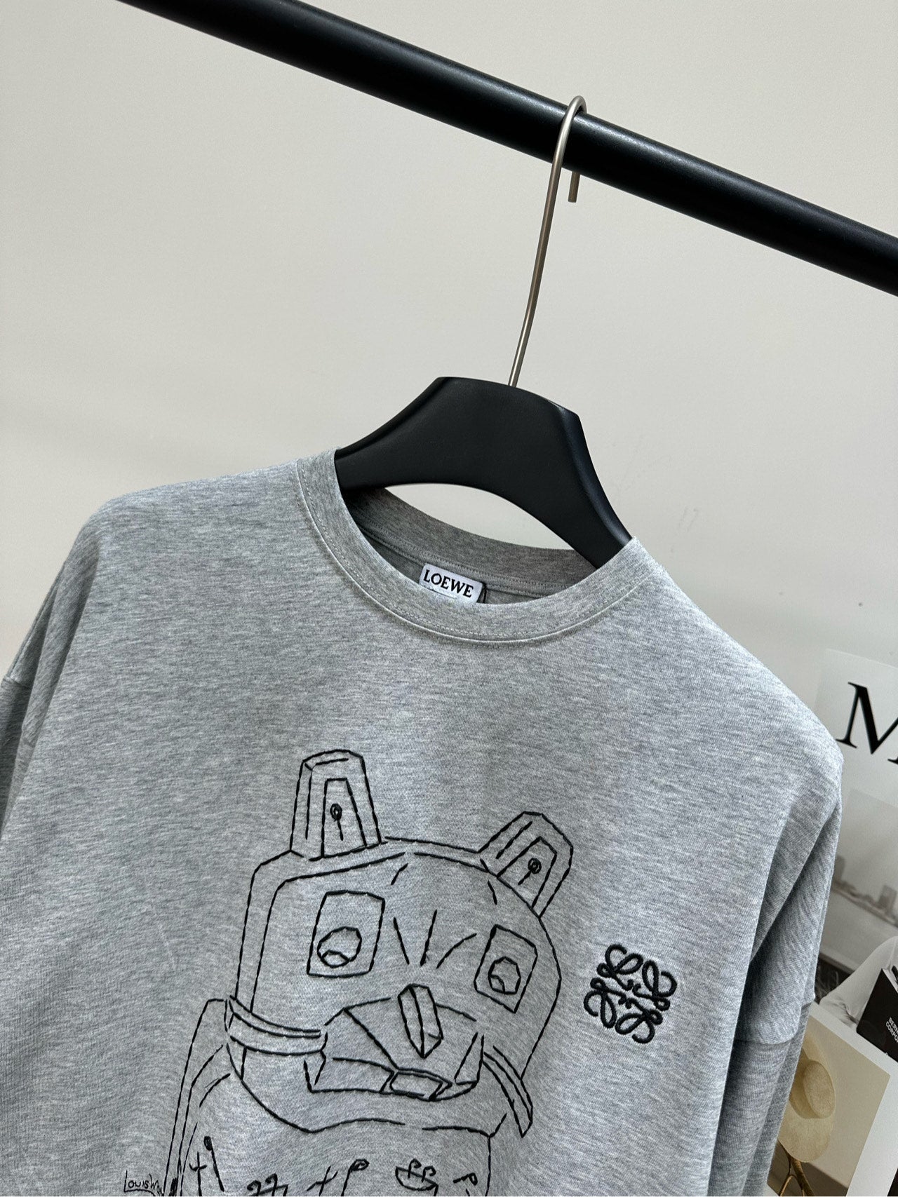 Loewe 2025 Cat-Themed Crew Neck Long-Sleeve T-Shirt Gray Cotton 327180