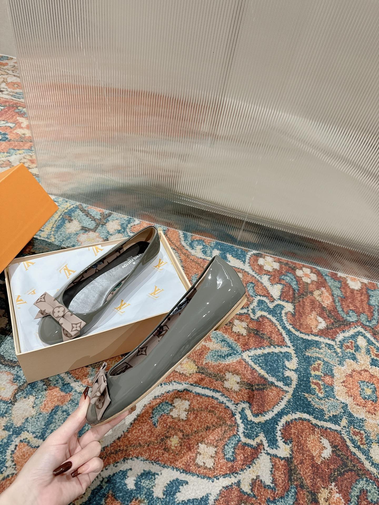 LV Popi Flat Ballerina Green Cement Color Cowhide