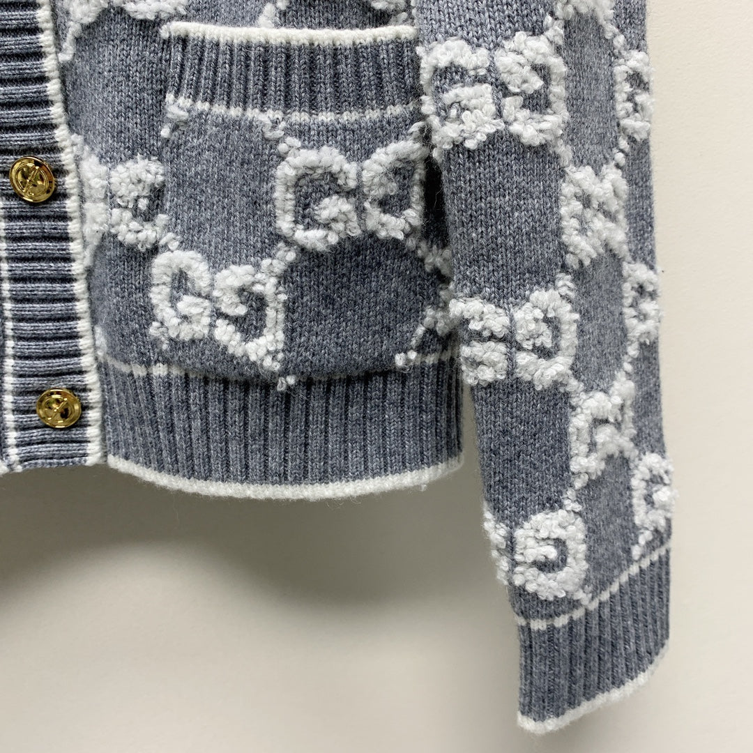 GG 25 Round Neck Knitted Cardigan Grey Wool 0013