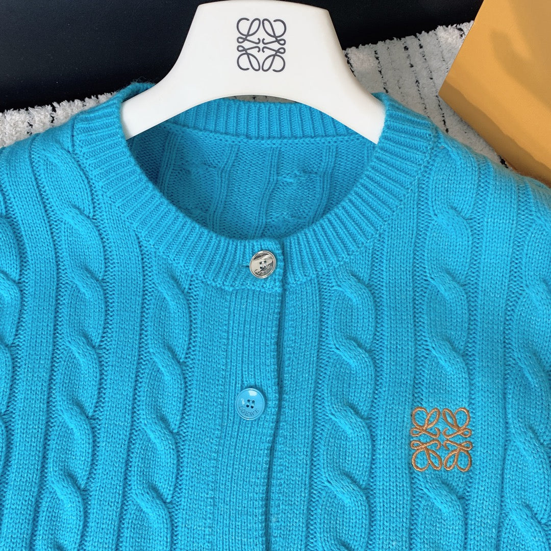 Loewe 2025 Knitted Embroidered Logo Button-Up Cardigan Blue Wool 289137