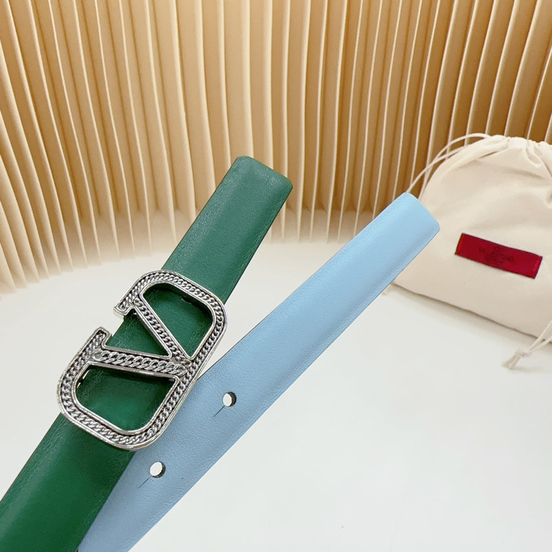 Vlogo Buckle Water Wave Silver Copper Glossy Dark Green Cloud Blue Leather 20mm Belt