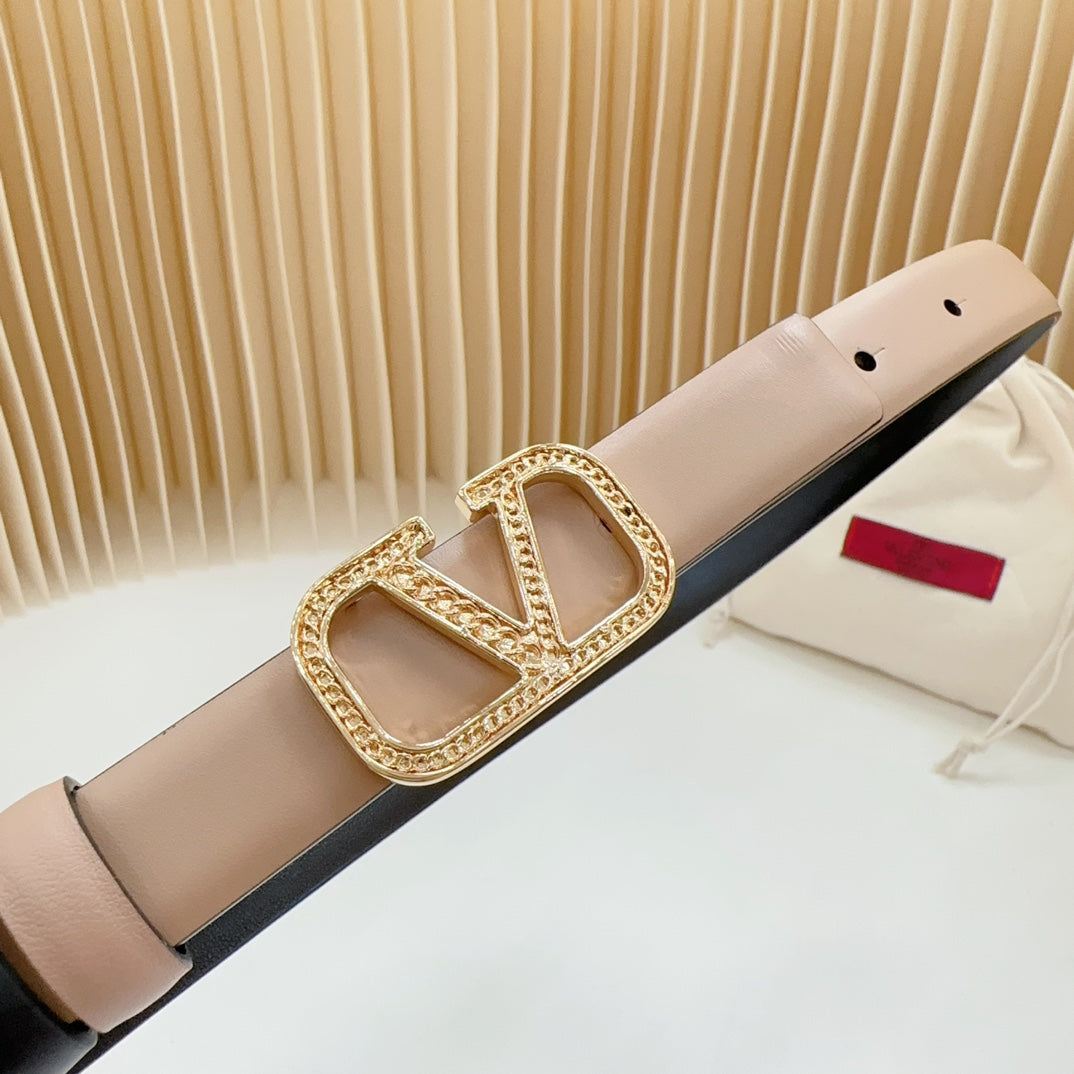 Vlogo Buckle Water Wave Gold Copper Glossy Beige Black Leather 20mm Belt