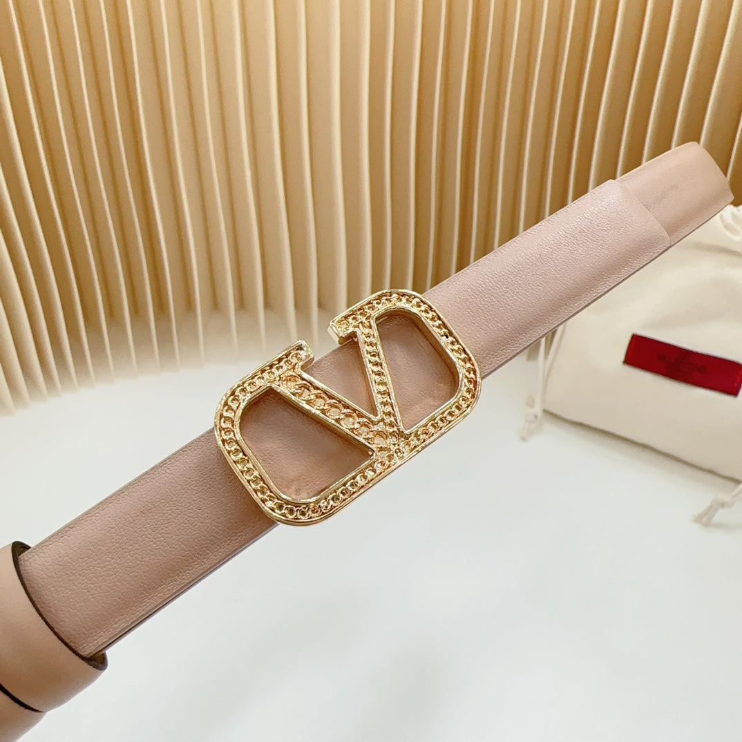 Vlogo Buckle Water Wave Gold Copper Glossy Beige Leather 20mm Belt
