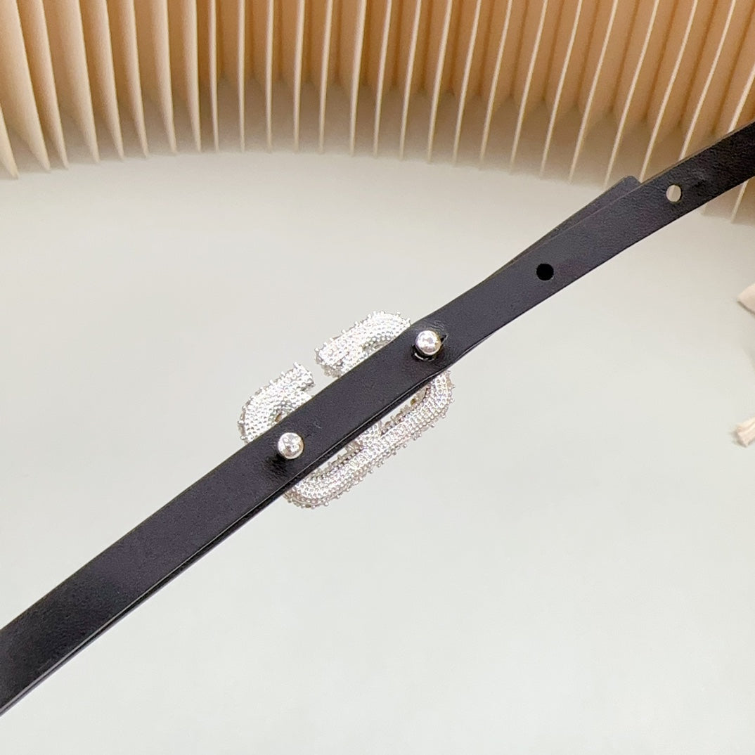 VL Belt 8mm Buckle Silver Diamond Leather White Black