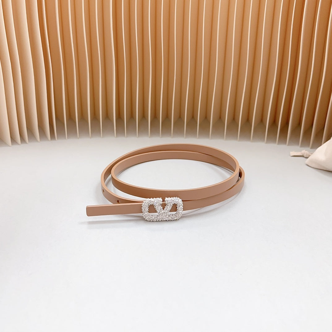 VL Belt 8mm Buckle Silver Diamond Leather Beige