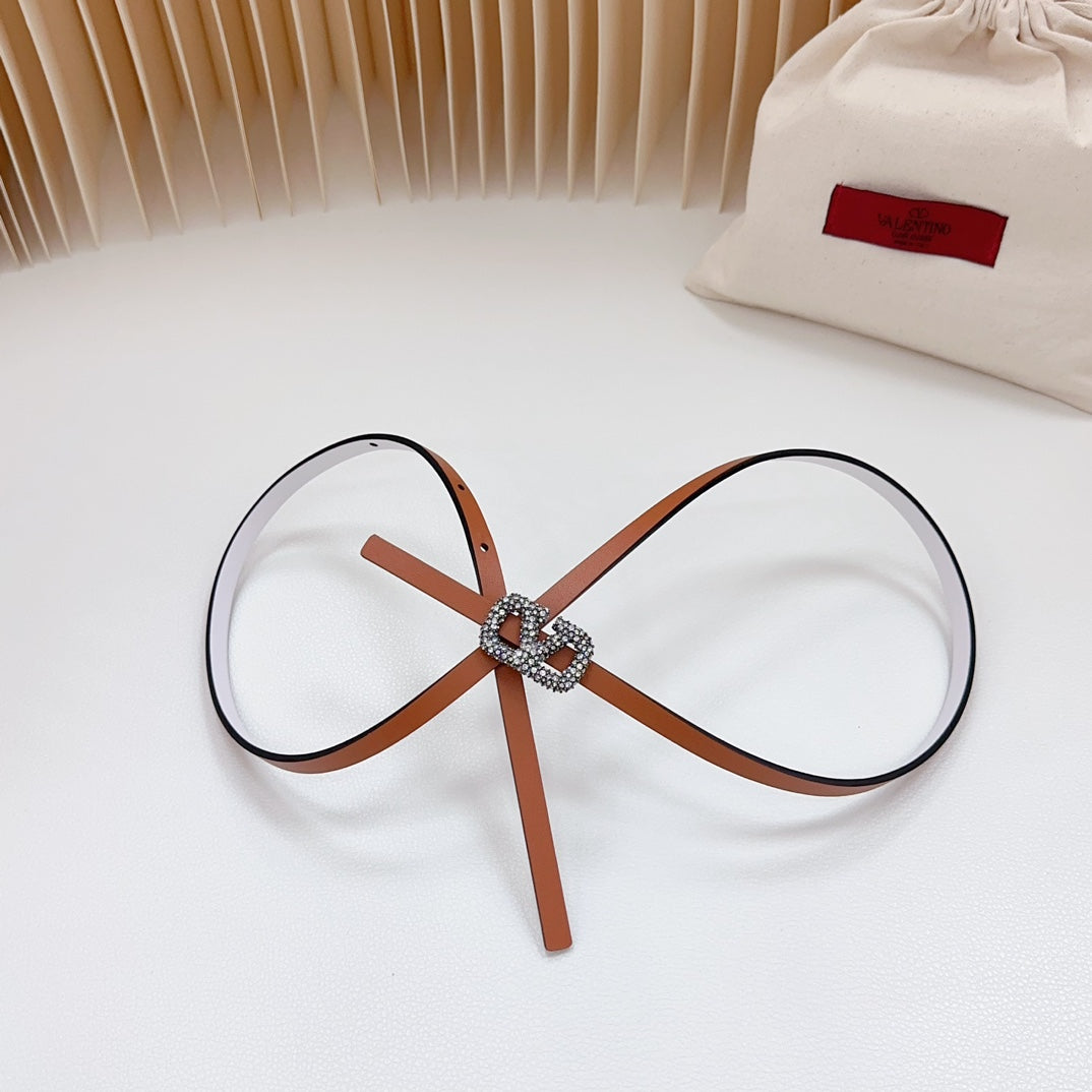 VL Belt 8mm Buckle Silver Diamond Leather Tan White