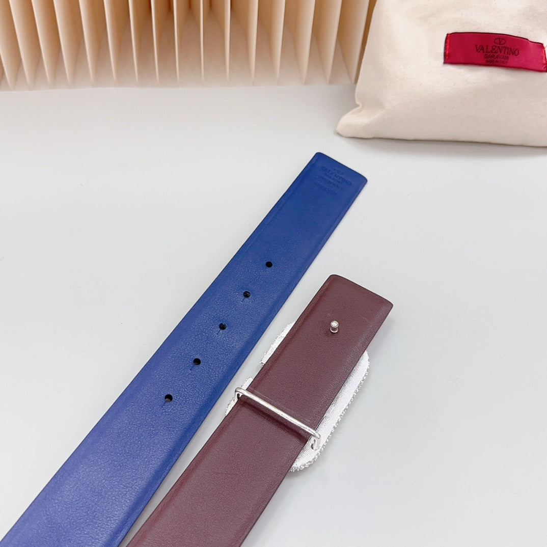 Vlogo Brown Black White Stone Silver Buckle Belt 40mm Chocolate Blue Leather