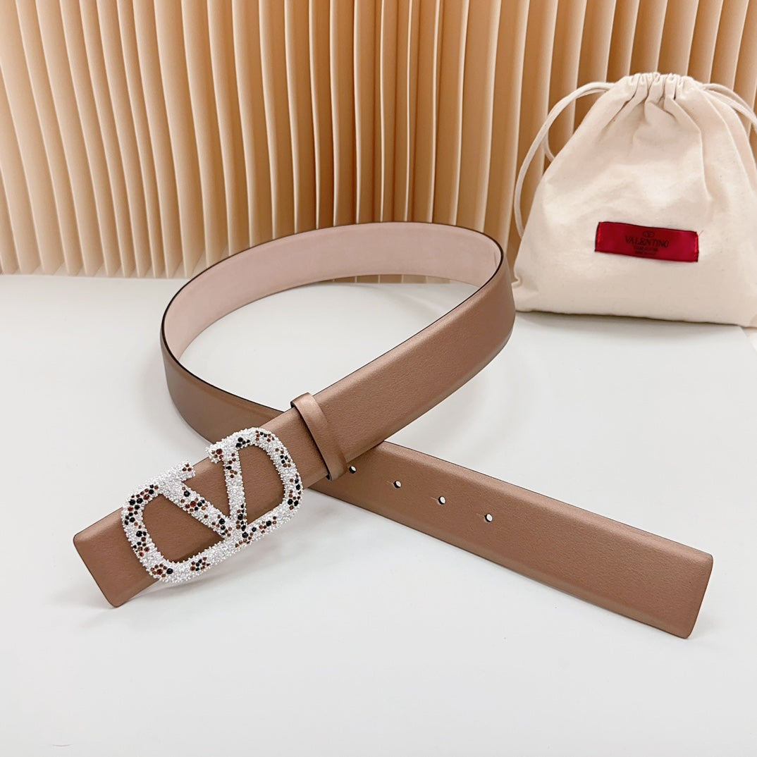 Vlogo Brown Black White Stone Silver Buckle Belt 40mm Brown Light Pink Leather