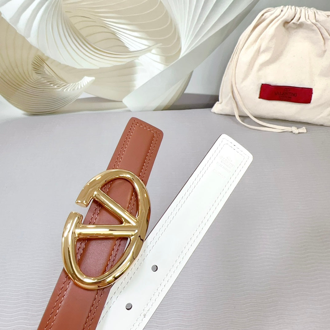 The Bold Edition Belt 30mm Brown White Calfskin Shiny Gold Buckle