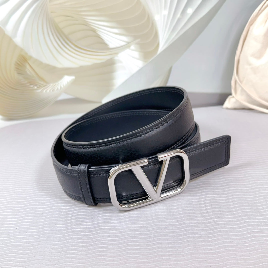 Vlogo Belt 34mm Black Calfskin Silver Buckle