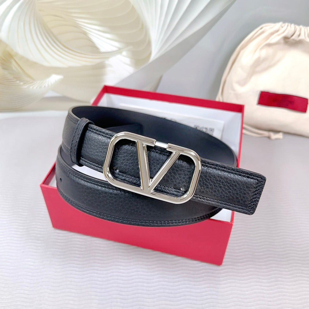Vlogo Belt 34mm Black Calfskin Silver Buckle