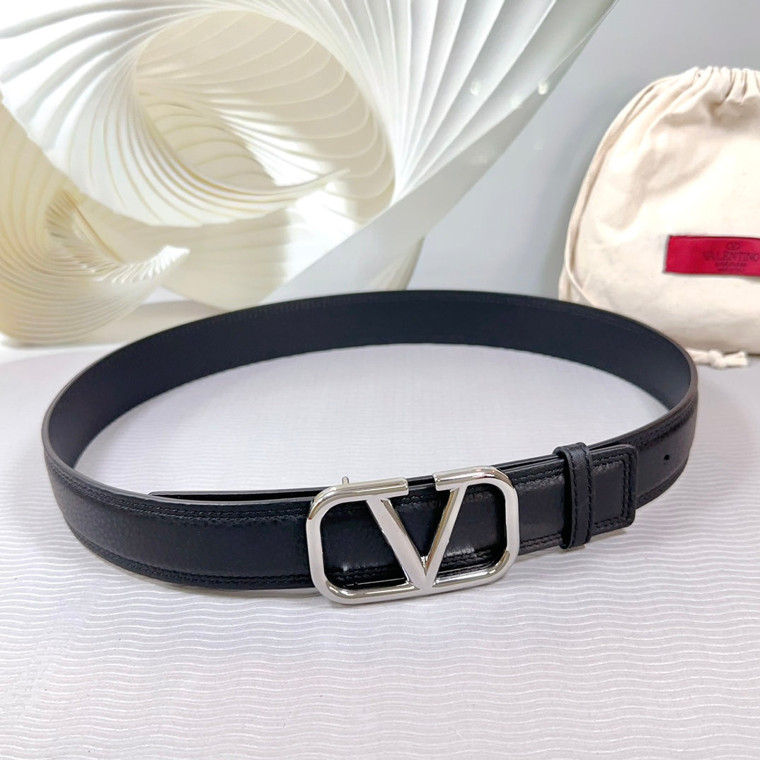 Vlogo Belt 34mm Black Calfskin Silver Buckle