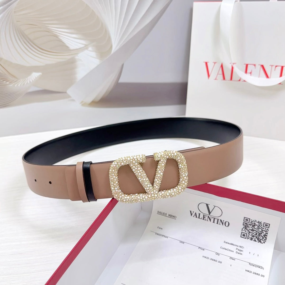 VLOGO SIGNATURE REVERSIBLE BELT 40MM ROSE BLACK GOLD CALFSKIN GOLD PEARL BUCKLE