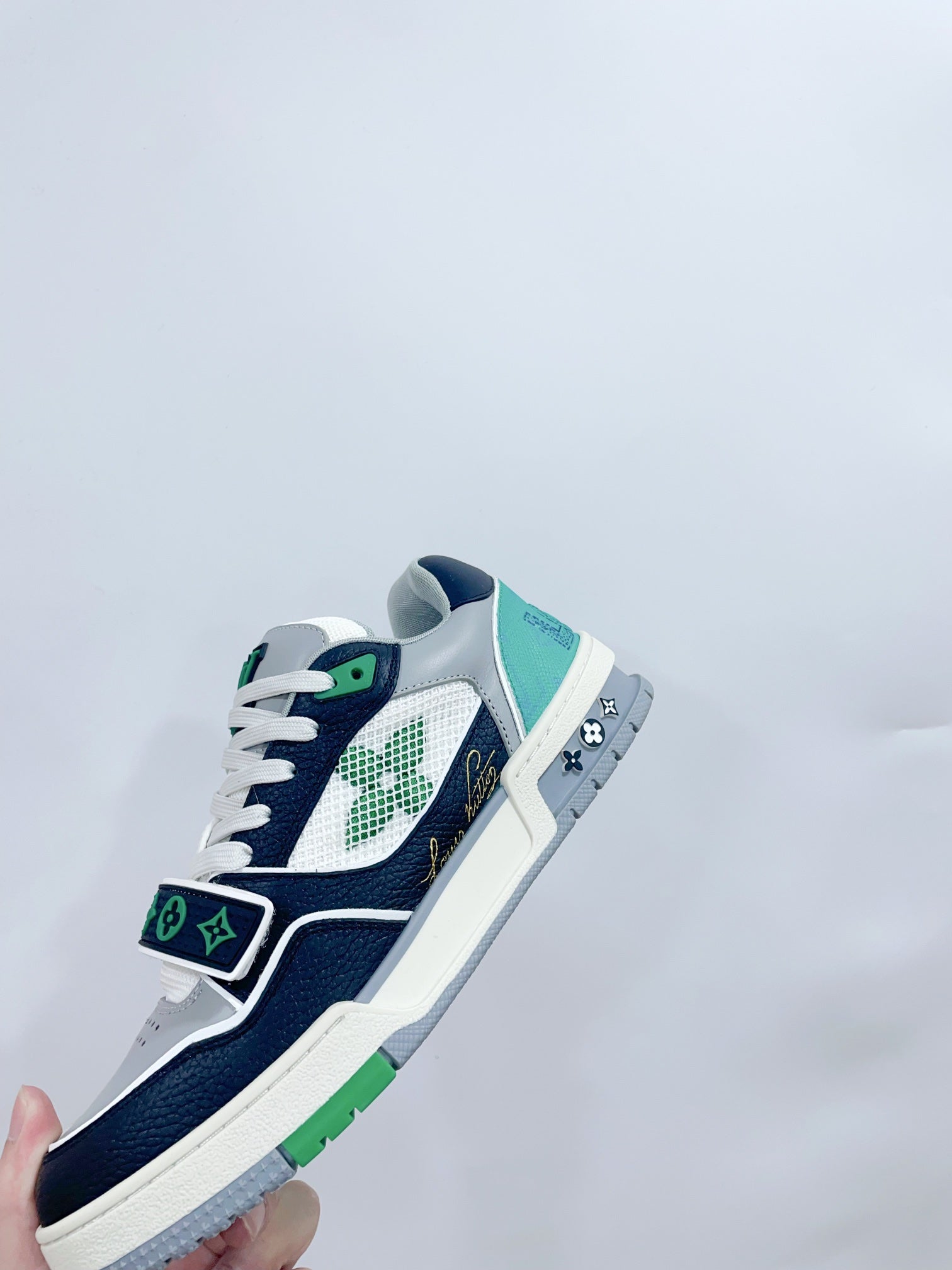 LV Trainer Sneaker Velcro Strap Green Black Cowhide