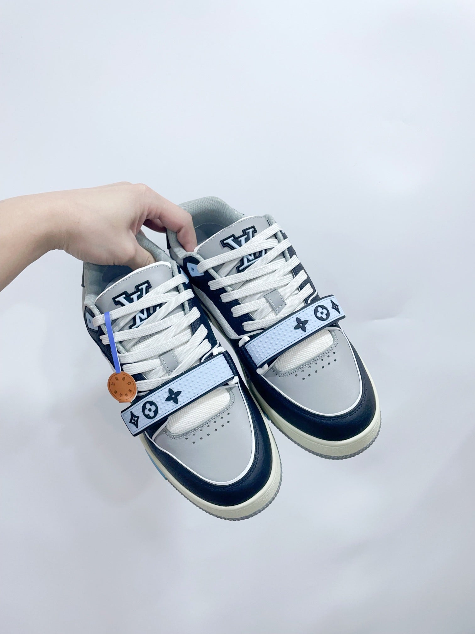 LV Trainer Sneaker Velcro Strap Blue Cowhide